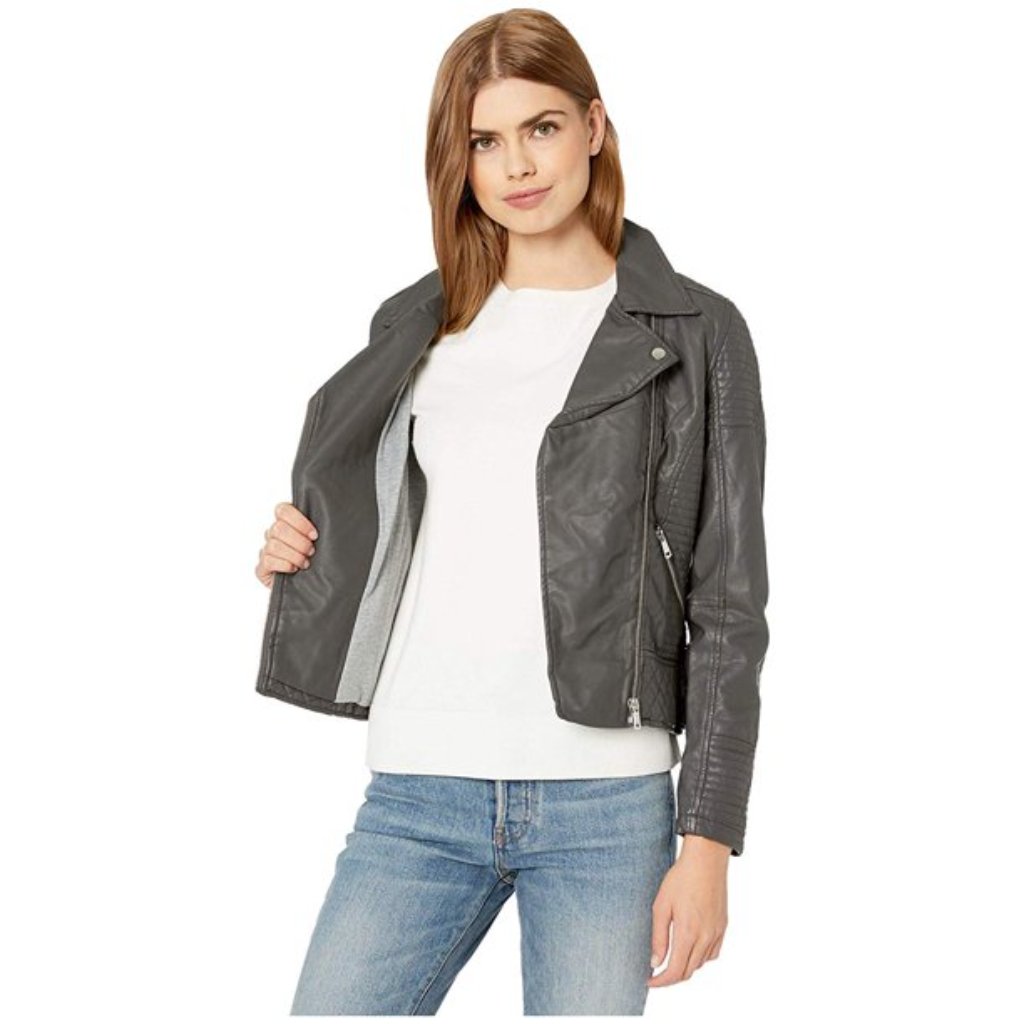 Ymi Snobbish Faux Leather Jersey Lined Moto Jacket Charcoal